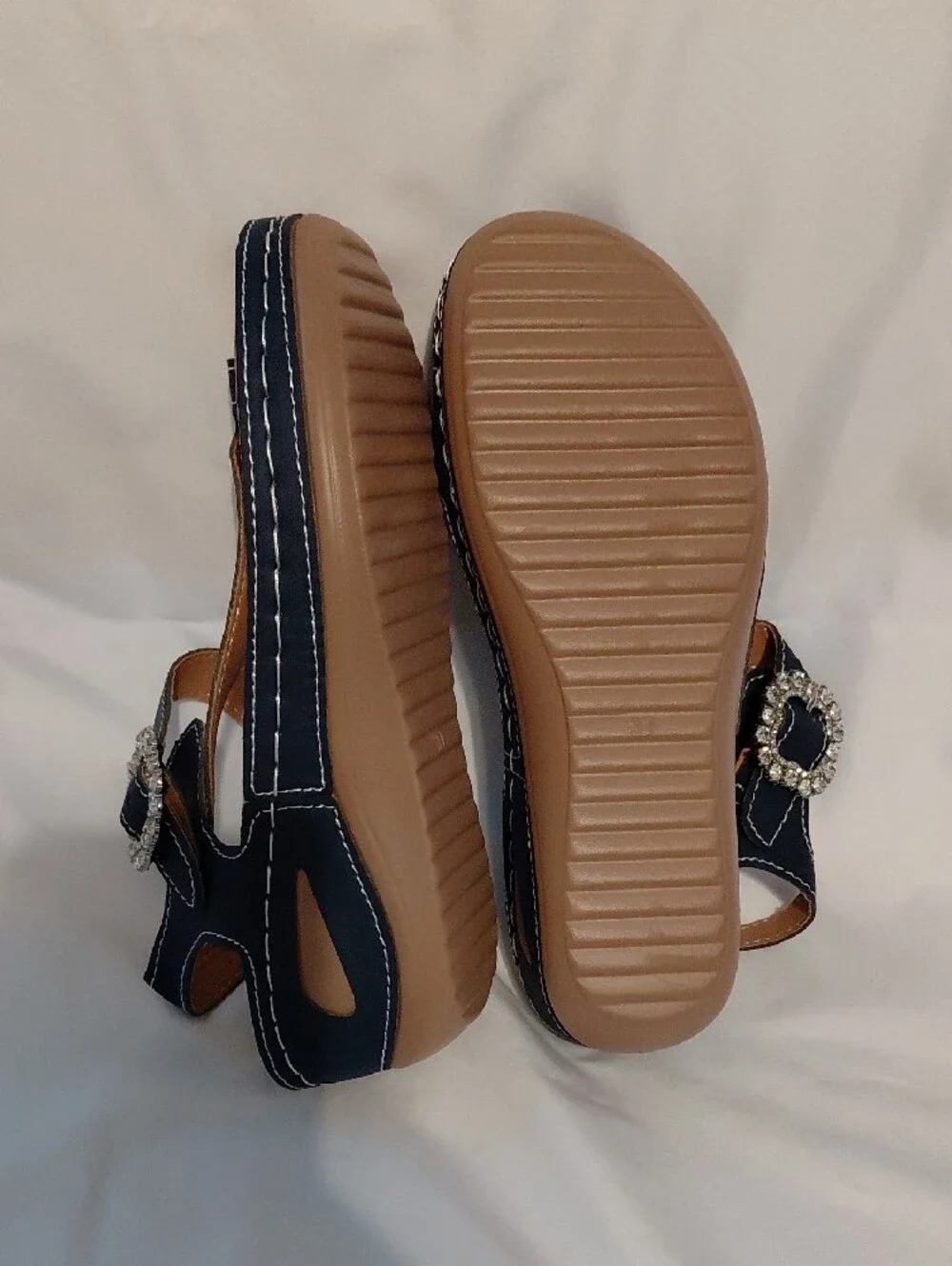 Women's Navy Wedge Sandals with Rhinestone Buckle